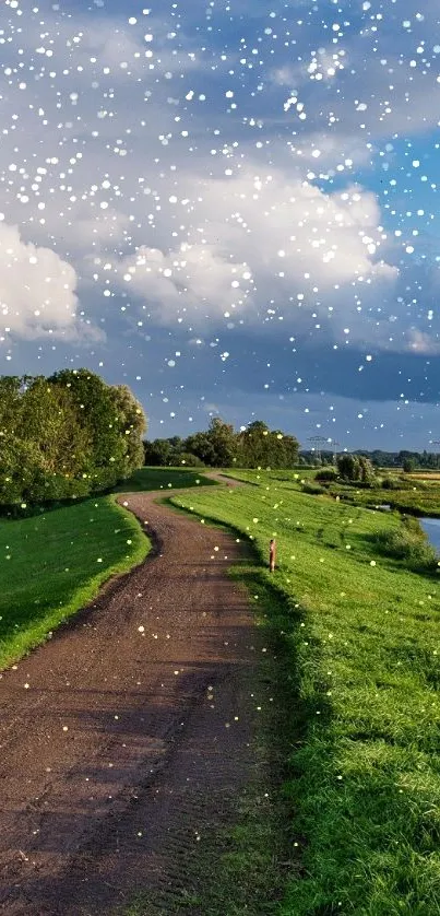 Scenic countryside path with lush fields and a clear blue sky.