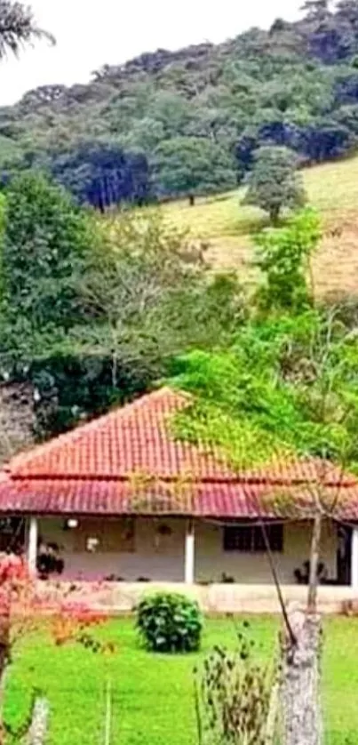 A countryside house amid lush green hills.