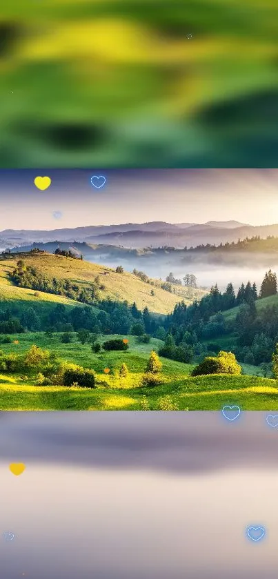 Lush green hills at sunrise with heart motifs.