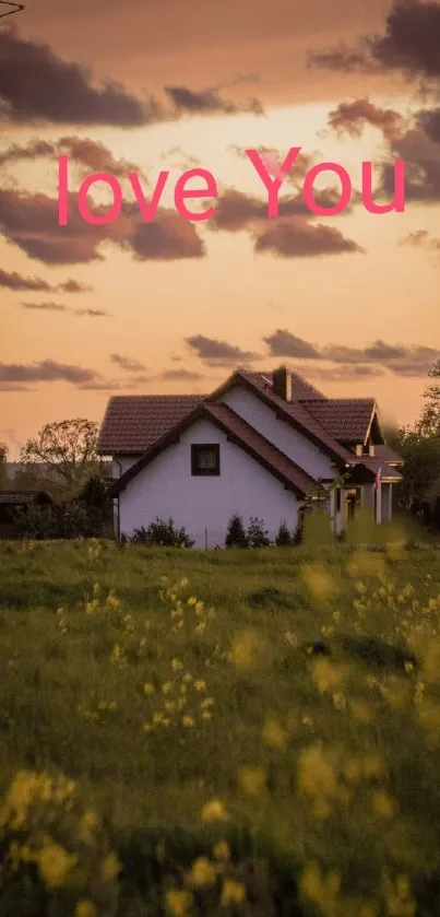 Wallpaper of a countryside house at sunset with a golden sky and flowers.