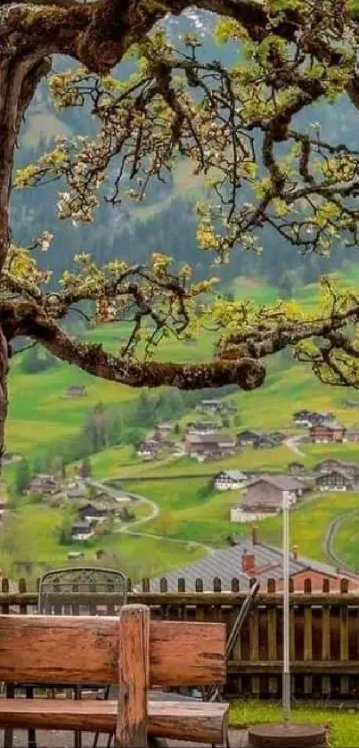 Serene countryside wallpaper with village view and wooden bench.