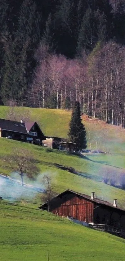 Peaceful countryside with cabins on green hills.