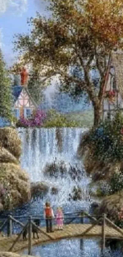 Idyllic scene with waterfall and cottages.