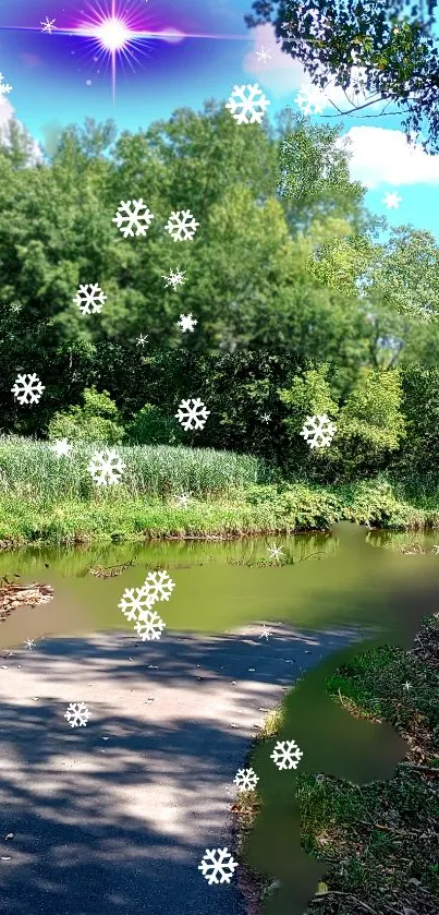 Serene creek scene with snowflakes overlaying a lush green landscape.