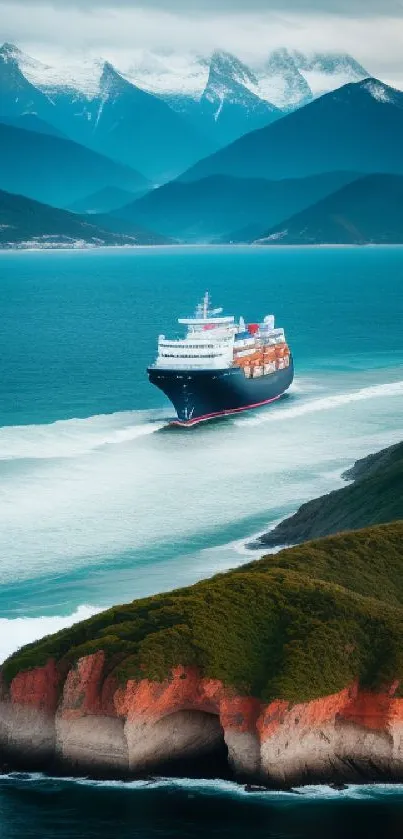 Cruise ship sailing through blue ocean with scenic mountains.