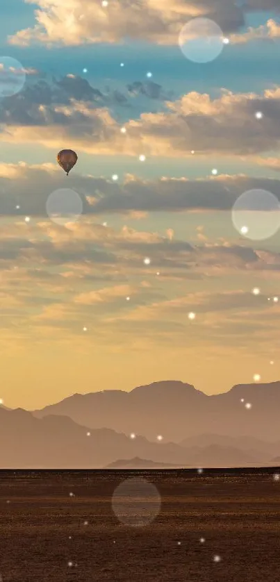 Hot air balloon over a serene desert with cloudy skies.