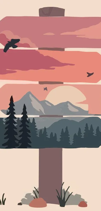 Illustrated pastel signpost with mountains and birds.