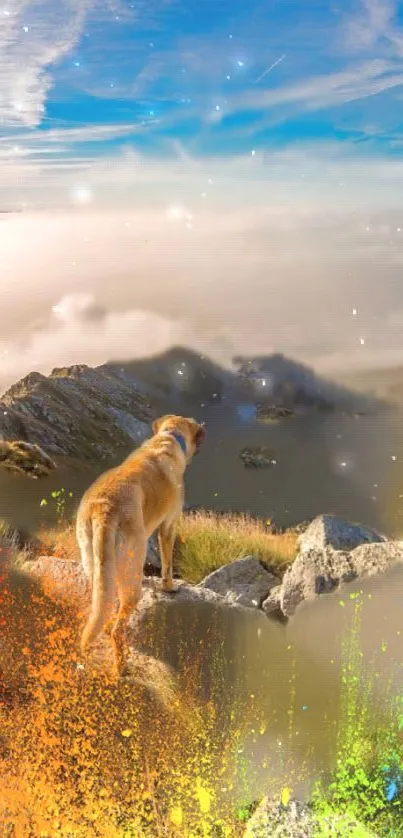 Dog overlooking colorful mountain landscape with vibrant sky.