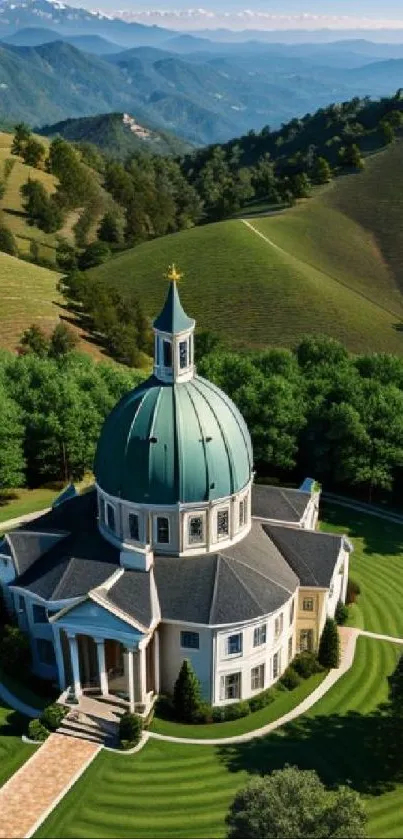 Majestic dome surrounded by lush green hills under a clear sky.