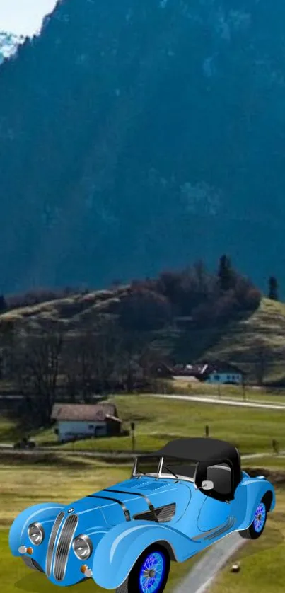 Vintage blue car driving on a scenic mountain road.