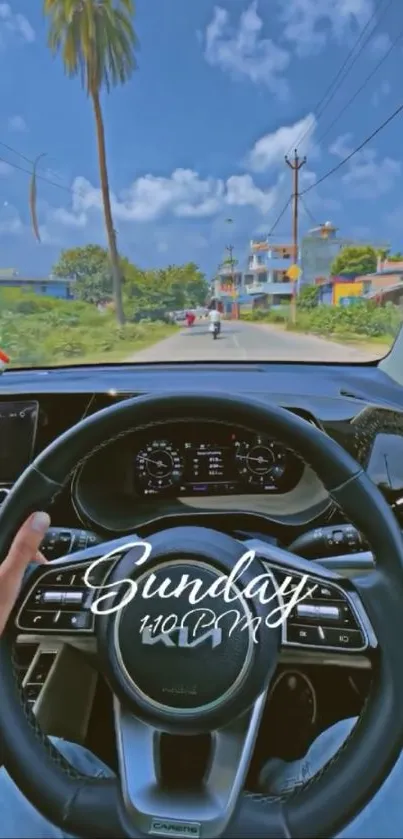 Interior car view with scenic road and palm trees