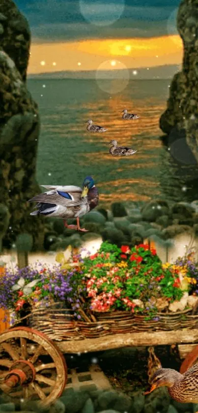 Ducks and flowers by ocean in scenic wallpaper.