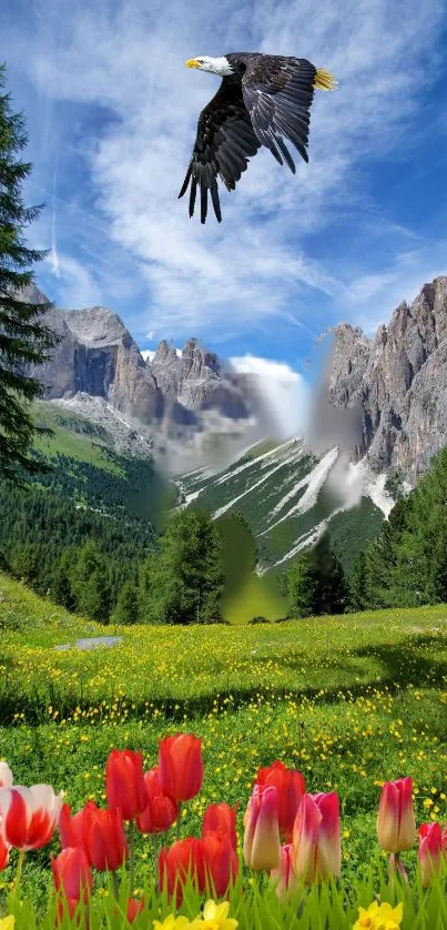 Eagle soaring over mountains with vibrant flowers and green landscape.