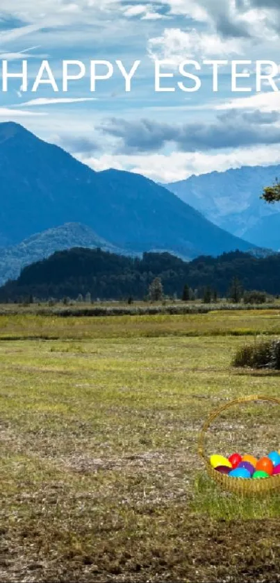 Easter landscape with mountains and a colorful egg basket.