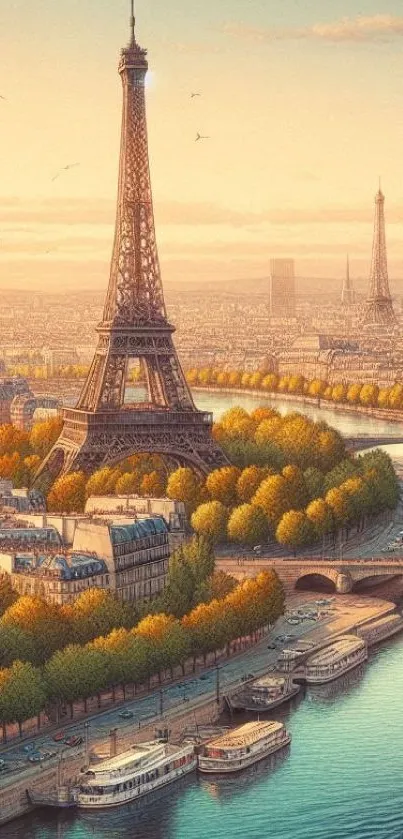 Mobile wallpaper of Eiffel Tower with river and autumn landscape in Paris.