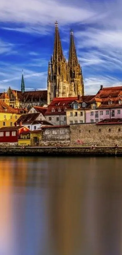 Vibrant European cityscape with cathedral and river.