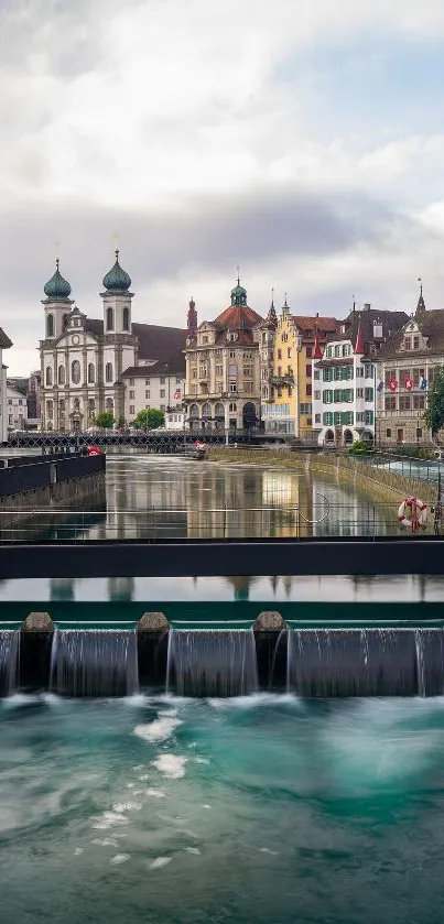 Scenic European cityscape with river and historic architecture.