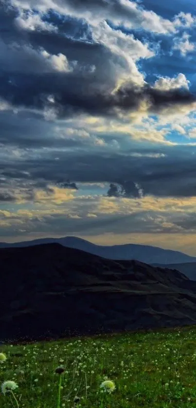Stunning evening mountain view wallpaper with dramatic cloudy sky.