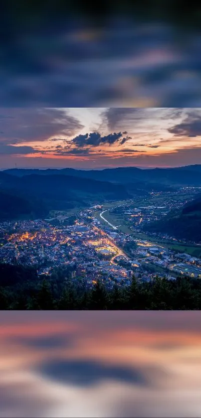 A scenic town illuminated by city lights under a vibrant sunset sky.