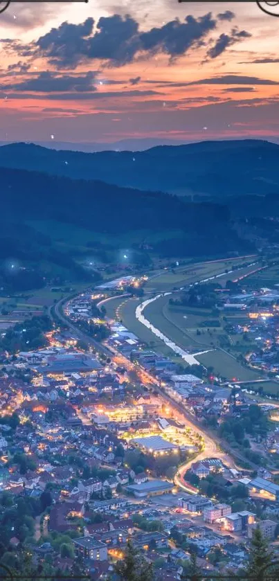 Scenic town view with river and glowing city lights at evening.