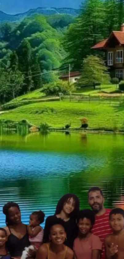 Family enjoying a lakeside view with mountains and trees.