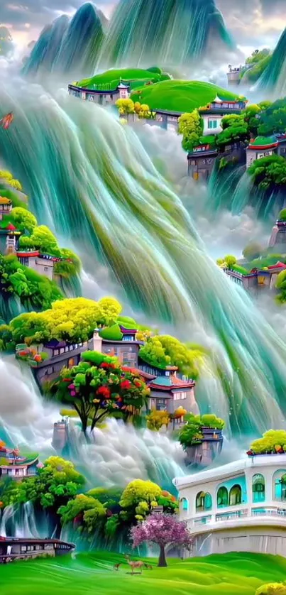 Fantasy landscape with waterfalls and vibrant villages on hills.