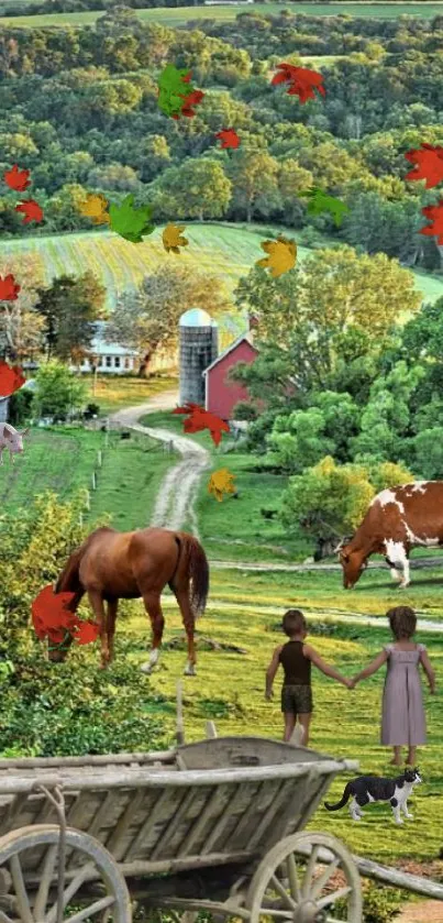 Scenic farm landscape with children, horse, and autumn leaves.