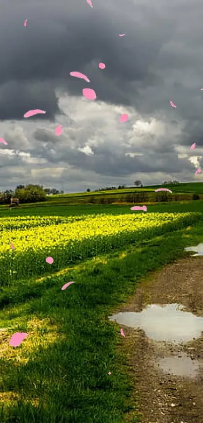 Green field under dark cloudy sky with rural path.