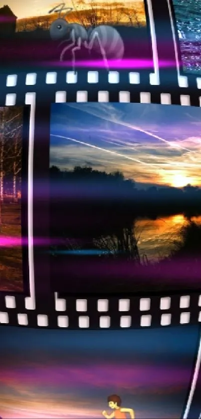 Filmstrip wallpaper with various scenic landscapes and sunsets.