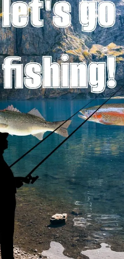 Silhouette fishing in mountains with clear blue sky.