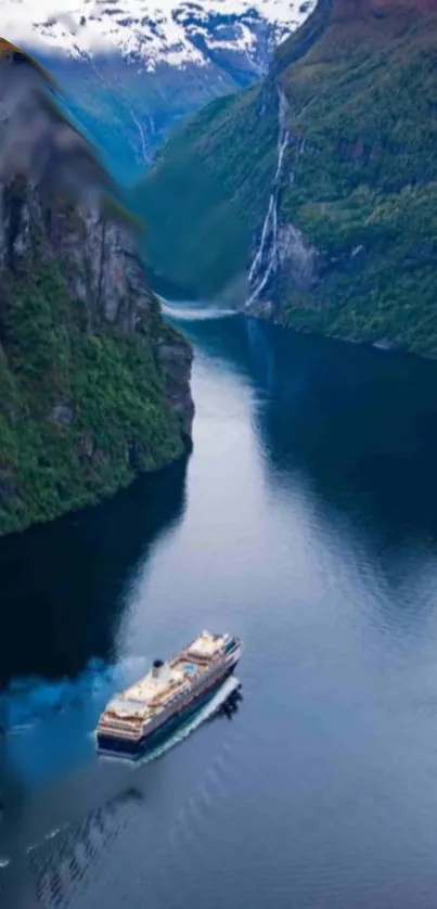 Cruise ship in Norwegian fjord with cliffs and blue waters.