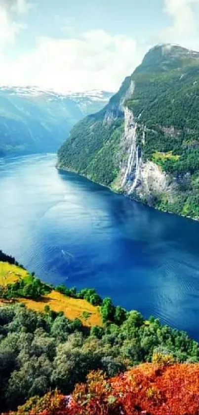 Fjord scenic view with cruise ship and vibrant mountains