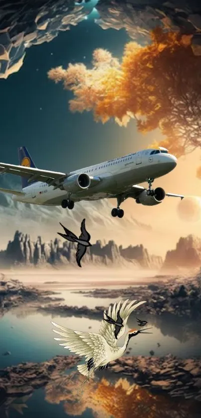 Airplane flying through cave with birds and sunset.