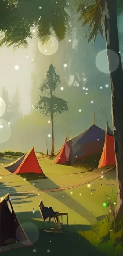 Serene forest campsite with colorful tents under sunlit trees.