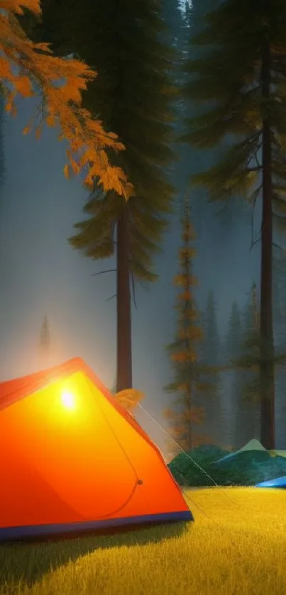 Orange tent in misty forest with towering pine trees.