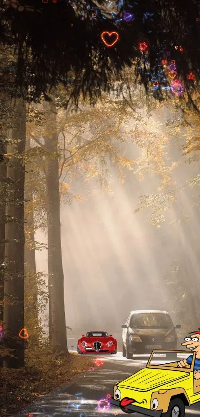 Cars on a sunlit forest road with cartoon elements.