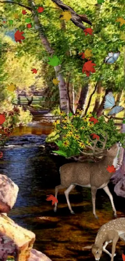 Forest wallpaper with deer, butterflies, and a tranquil stream.