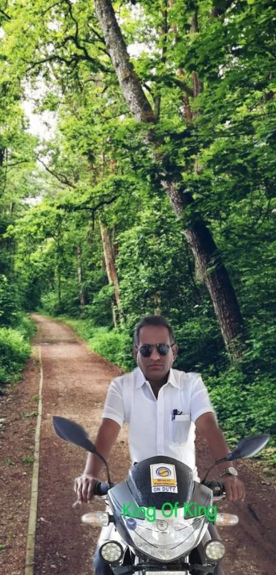 Man riding motorbike on a forest path.