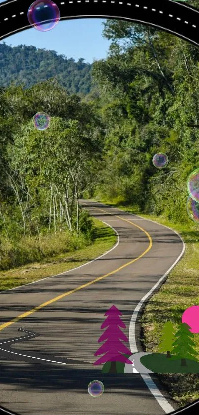 Artistic forest road with bubbles and trees on mobile wallpaper.