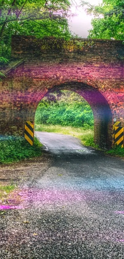 Rustic archway in a lush green forest with road and trees.