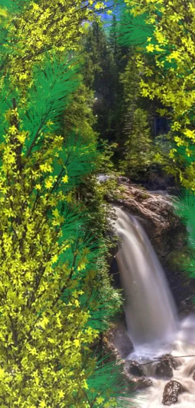 Lush forest with waterfall mobile wallpaper.