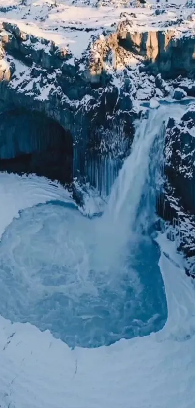 A stunning frozen waterfall with icy blue tones cascading into a serene pool.