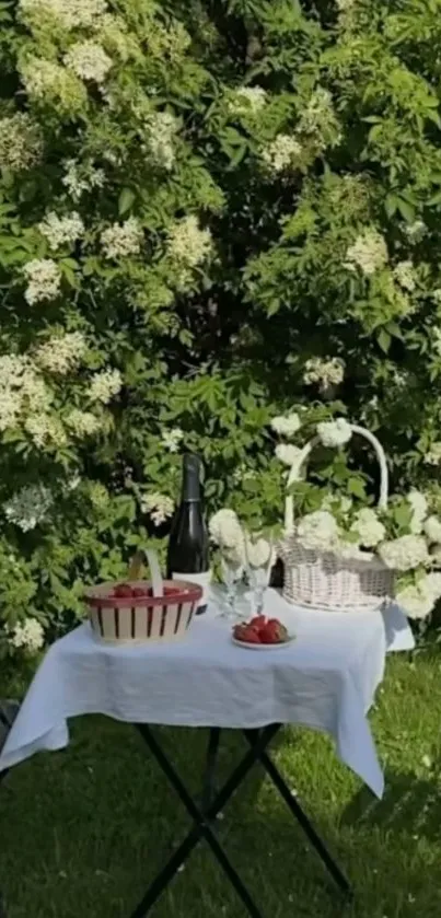 Serene garden picnic scene with flowers.