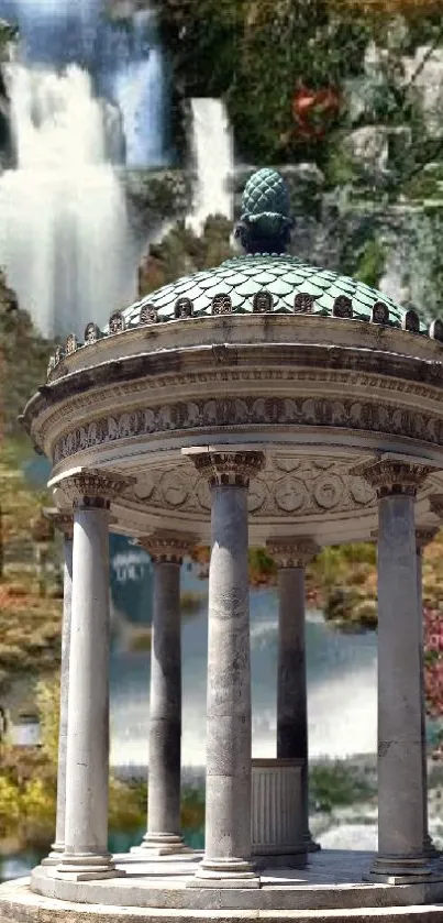 Classical gazebo with a waterfall backdrop on mobile wallpaper.