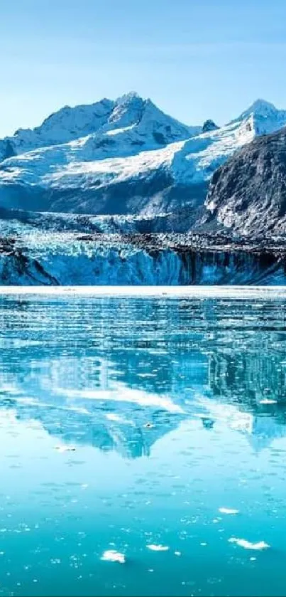 Serene glacier lake with mountains and blue sky