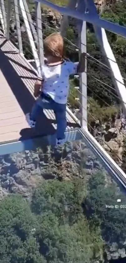 Child exploring on glass-bottom bridge with lush green view.