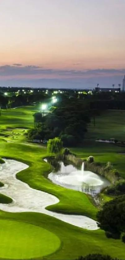 Scenic golf course at sunset with lush green fairways.