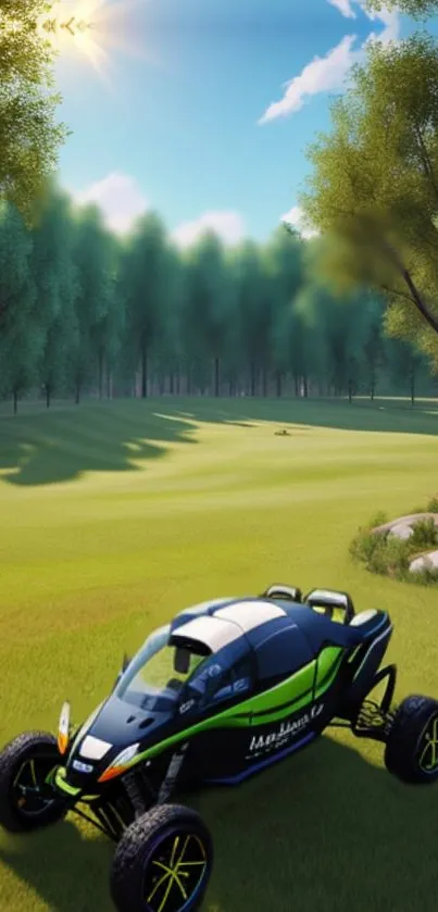 Dune buggy on a sunny golf course with trees and a clear blue sky.