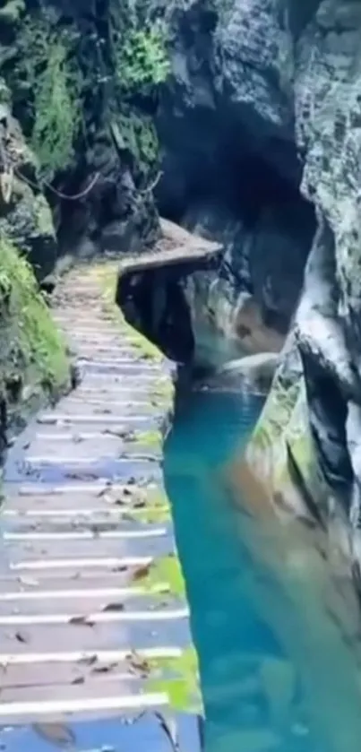 Tranquil gorge wooden walkway with blue waters and lush greenery.