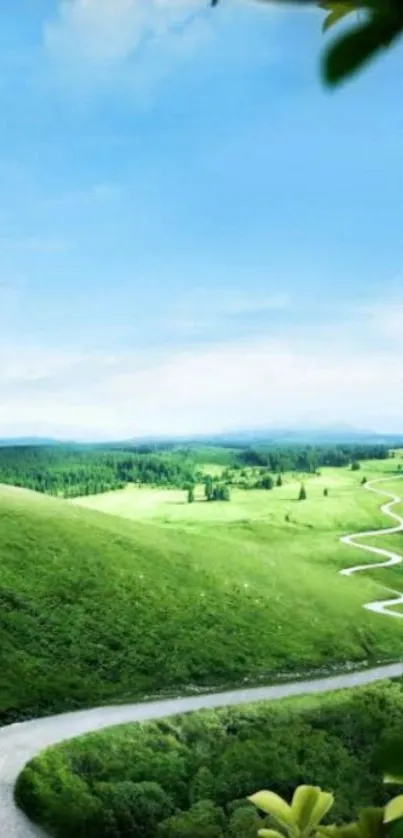 Mobile wallpaper of green hills and blue sky with a winding road.